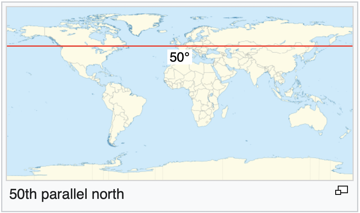 A map of the world marking 50th parallel north