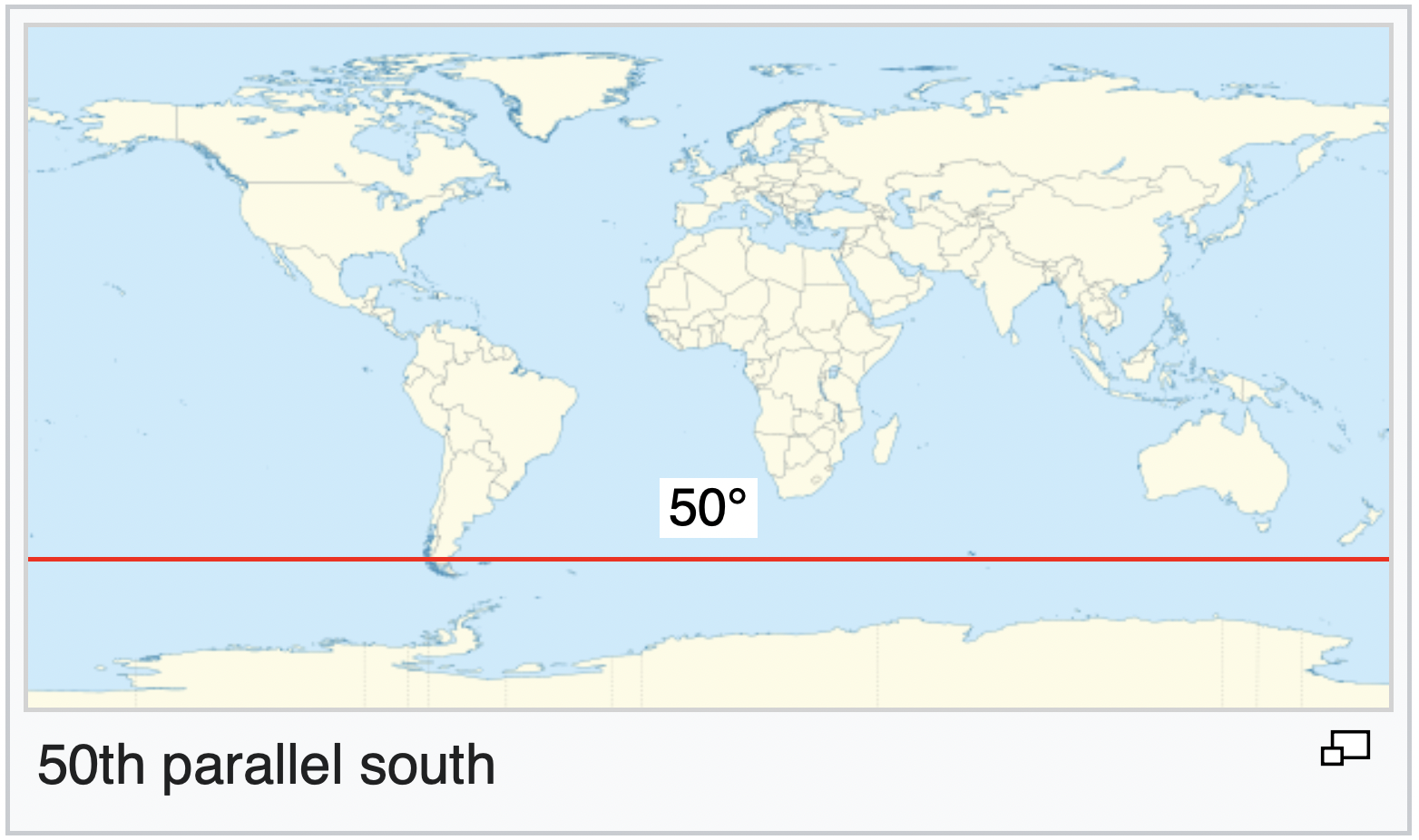 A map of the world marking 50th parallel south