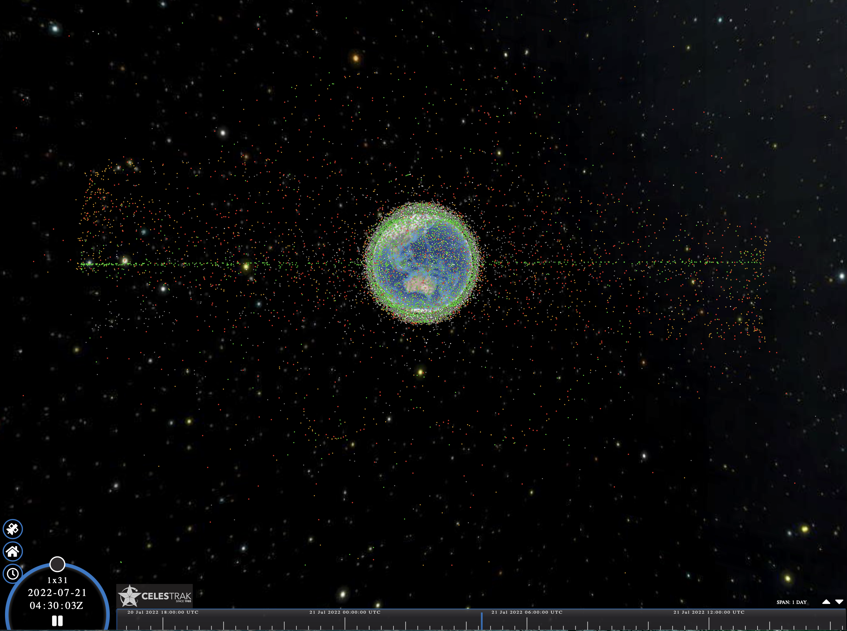 A screenshot of Celestrak, showing all tracked objects in space