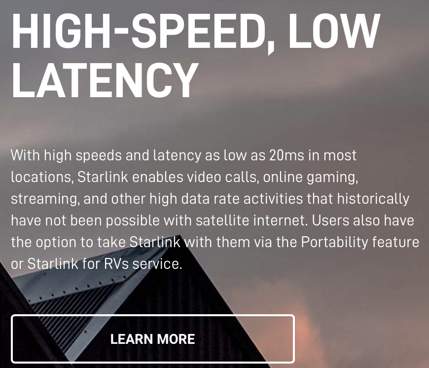 Starlink marketing 'High-speed, low latency' internet