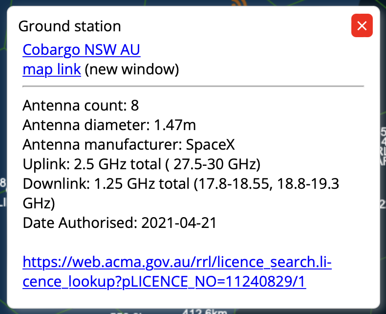 Data about the Starlink grounstation in Cobargo, NSW